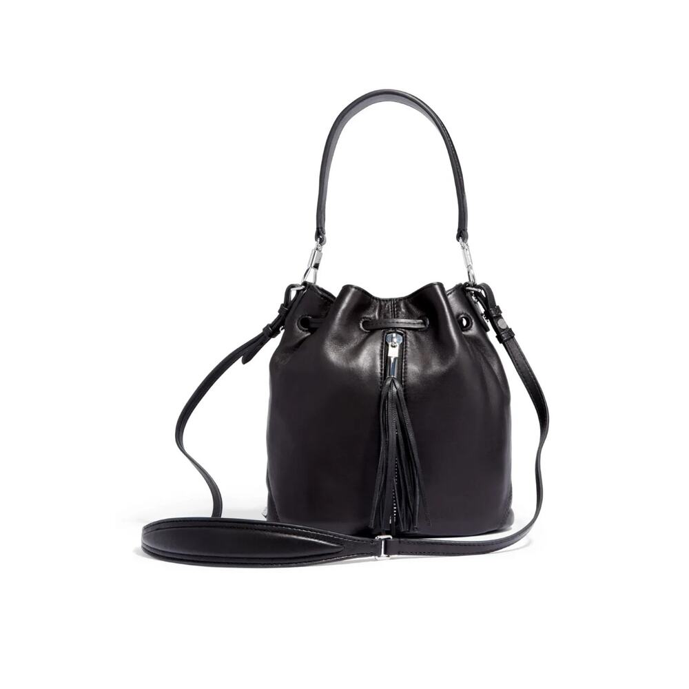 Elizabeth James Cynnie Mini Bucket Bag Black Leather Drawstring Crossbody Strap